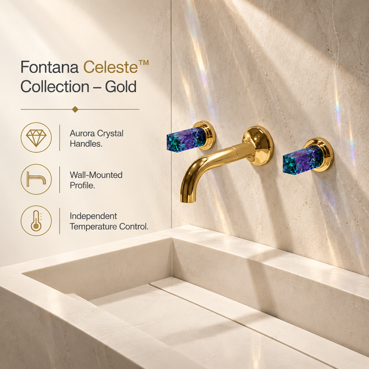 Fontana Celeste Gold Wall Mounted Bathroom Faucet with Multicolour Crystal Handles